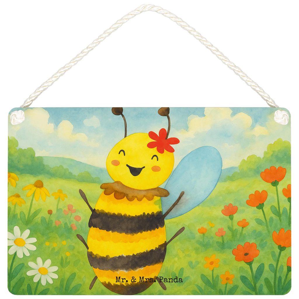 Mr. & Mrs. Panda Schild Biene Happy Design DIN A6 - Weiß - Geschenk, Wandbild Holz, Holzschild, wandtafel, holzbild, Türschild