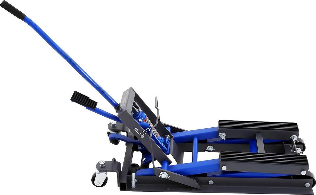 Motorradheber - Hydraulischer Reparaturständer - 680 kg Tragkraft - Hubhöhe 12–38,7 cm - A3-Stahl, Gummi - 2 Rollen ohne Bremse - Blau