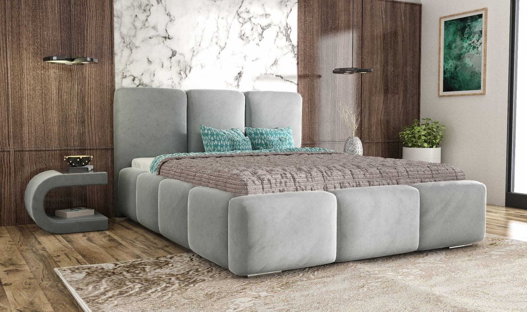 AGMAT Polsterbett ROYAL mit Kopfteil, 180 x 200 cm, Doppelbett mit Bettkasten und Lattenrost aus Metall, Velourstoff, Frabe: Grau