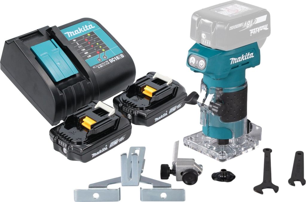 Makita DRT 52 SA Akku Kantenfräse 18 V 6 mm Brushless + 2x Akku 2,0 Ah + Ladegerät
