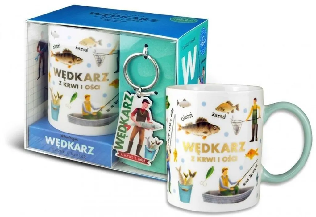 Coffret cadeau pêche avec mugs en céramique et porte-clés thématique