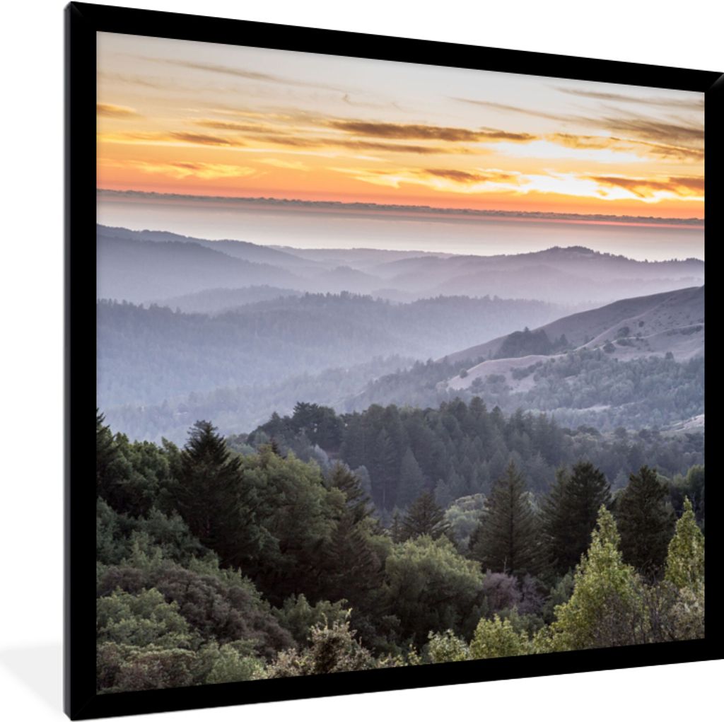 MuchoWow Gerahmtes Poster Berge - Sonne - Wald - Landschaft 40x40 cm - Poster mit Schwarzem Bilderrahmen Wandposter Rahmen Foto Bilder - Mit Rahm...