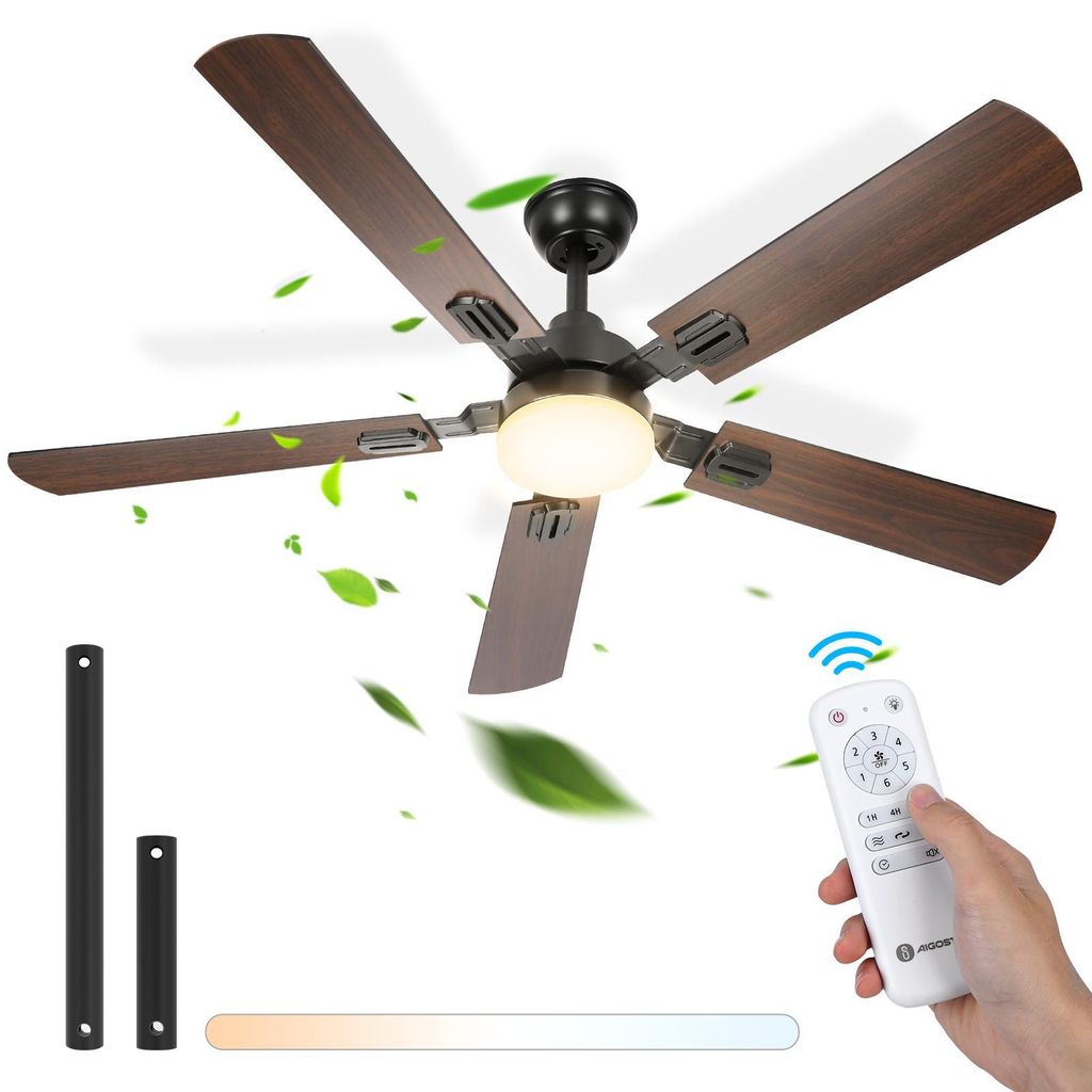 A ceiling fan with lights and remote control, surrounded by flying green leaves.