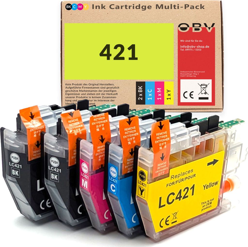 Kompatible Druckerpatronen für Brother LC-421 / LC-421VAL – 5er Set (2x Schwarz, 1x Cyan, Magenta, Gelb) – für DCP-J1050DW, J1140DW, J1800DW,...