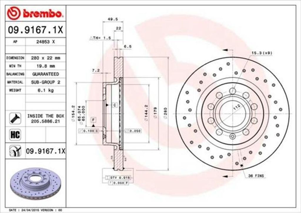 Bremsscheibe BREMBO 09.9167.1X Produktbild 
