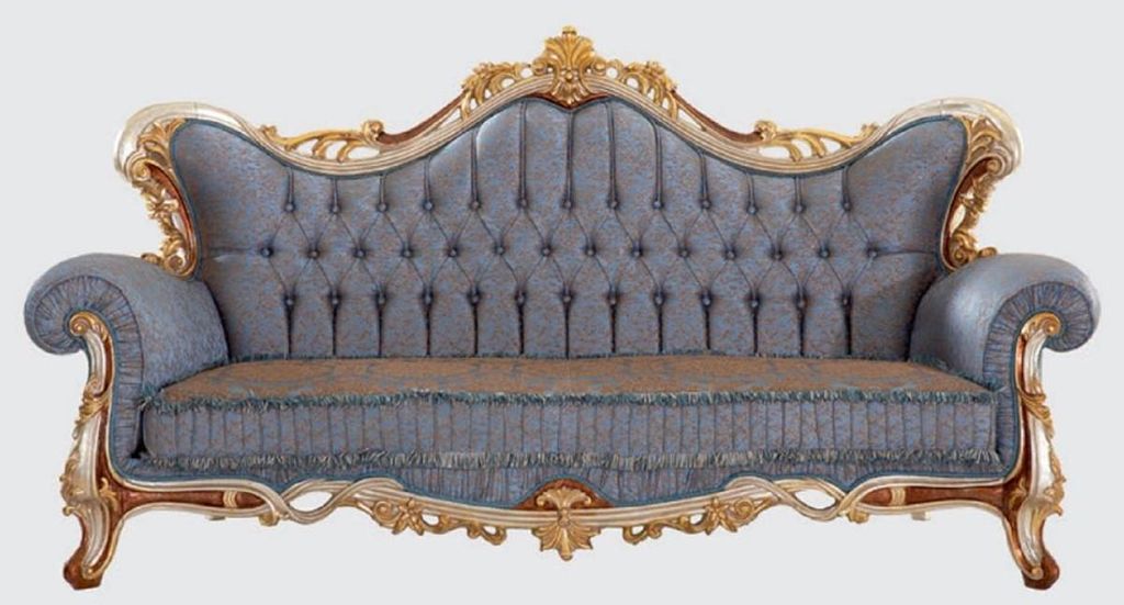 Casa Padrino Luxus Barock Sofa Blau / Kupfer / Silber / Braun / Gold 255 x 100 x H. 128 cm - Prunkvolles Wohnzimmer Sofa mit elegantem Muster - Mö...