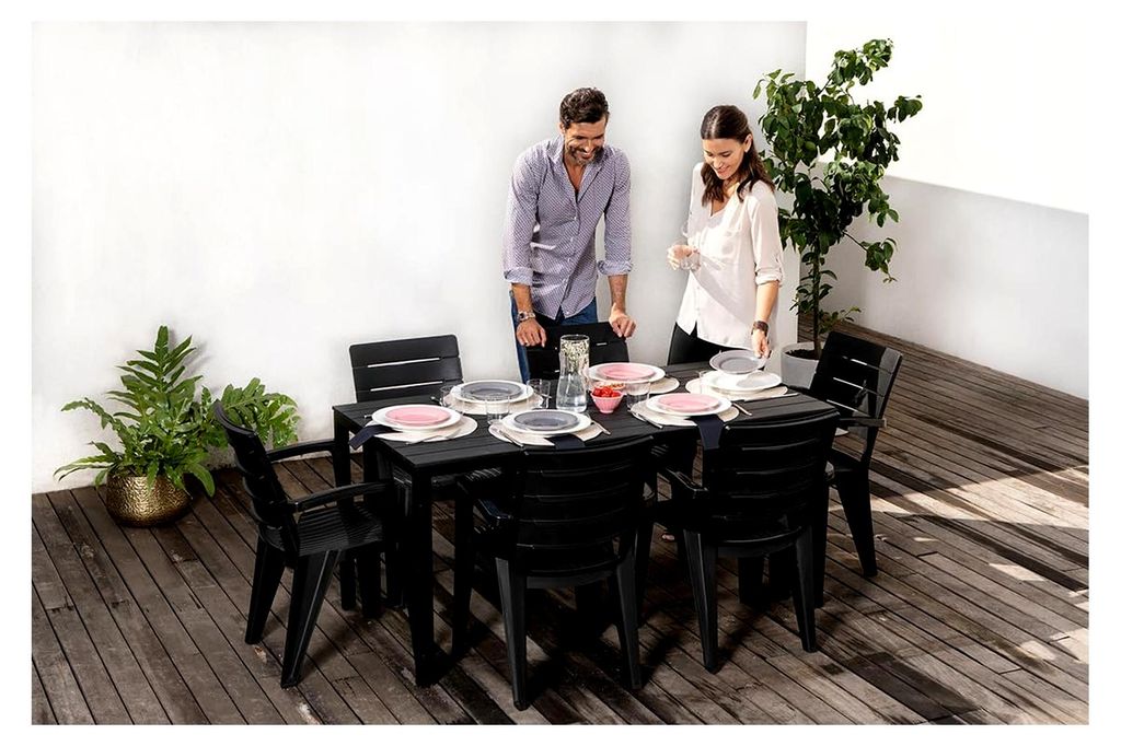 Rechteckiger Gartentisch 156x78 mit Stahlgestell und Polyethylenplatte in Holzoptik (Anthrazit)