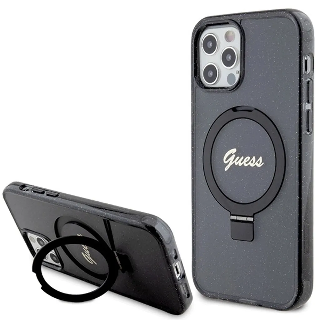Guess Custodia iPhone 12/12 Pro Magsafe Glitter con Anello Stand Nero