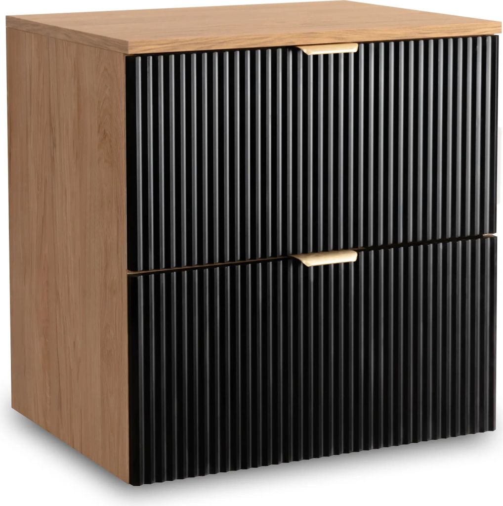 A product shot of a two-drawer nightstand with a wood top and sides, and black fluted drawer fronts with gold handles.