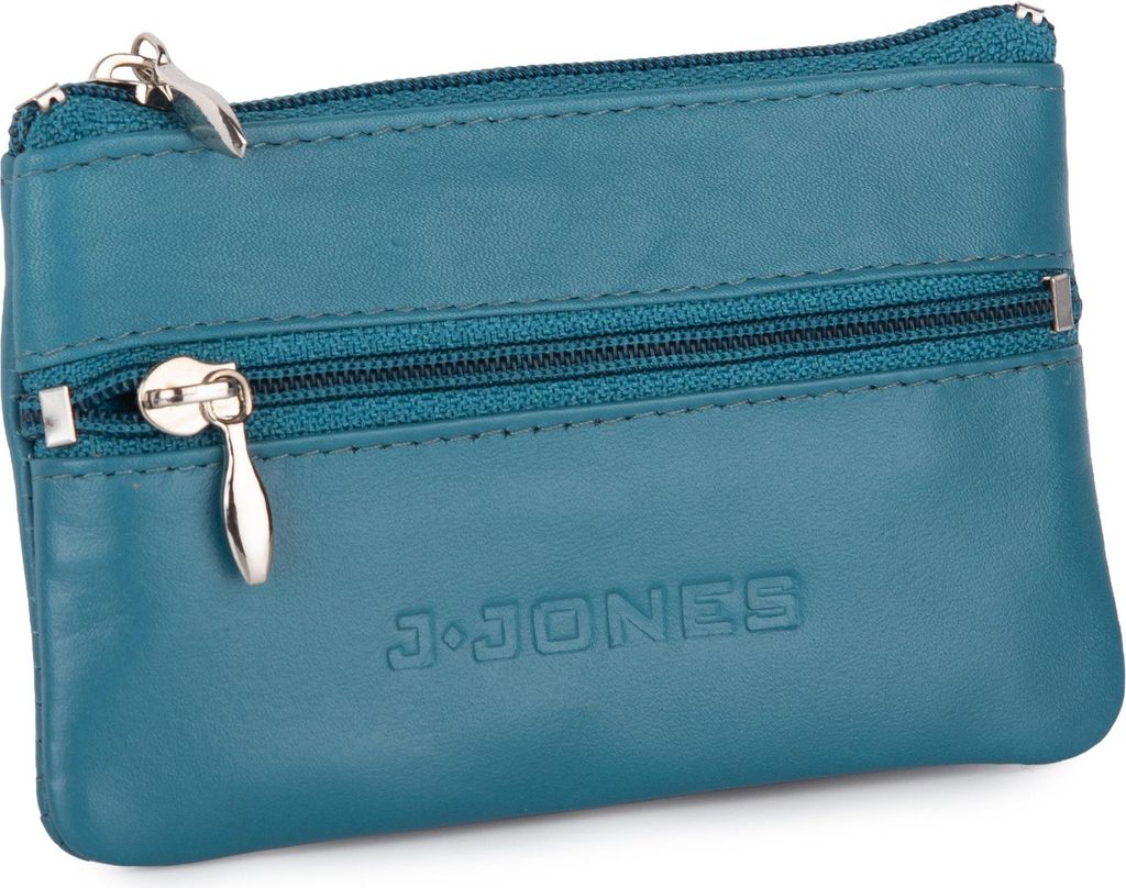 J Jones Schlüsseletui Echtleder 2 Reißverschlussfächer Metallring Blau
