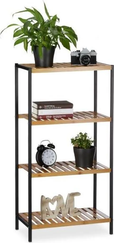 Meuble de rangement 4 étagères en bois de bambou et métal noir robuste