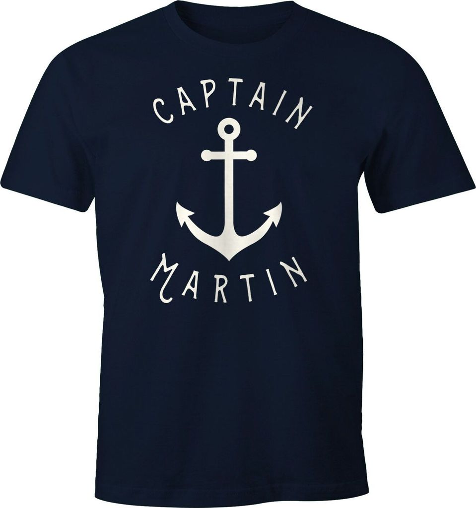 Herren T-Shirt Captain personalisierbar mit Name Anker maritimes Geschenk für Männer Bootsliebhaber Segler MoonWorks navy 5XL