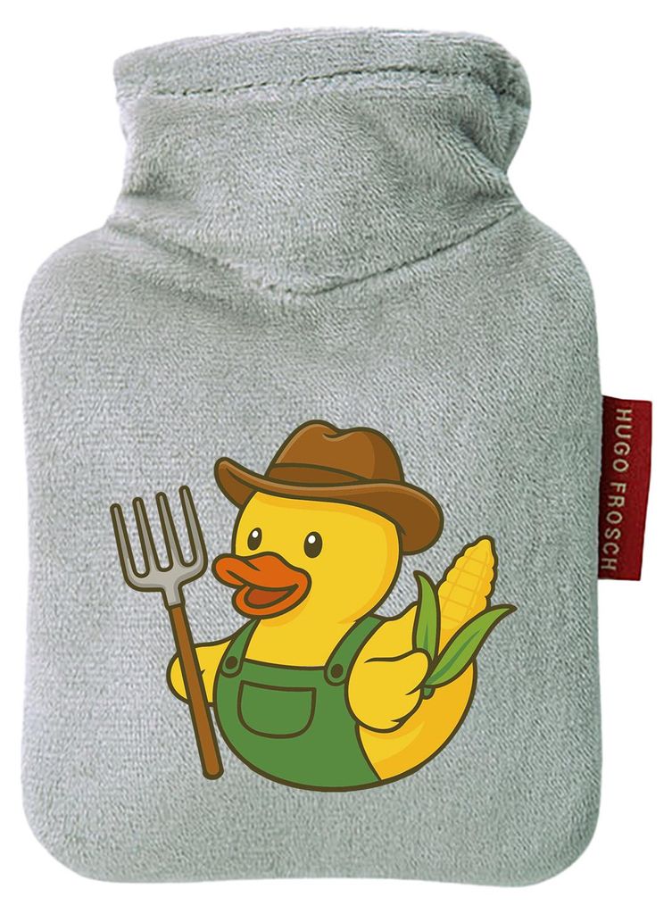 Huuraa Mini-Wärmflasche Quietscheente Landwirtschaft Comic Gummiente 0,2 Liter Grey Mini Veloursbezug Taschenwärmer Geschenkidee