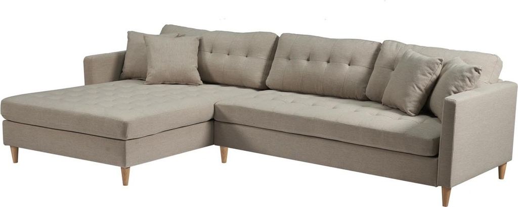 Marino Deluxe Chaiselongsofa rechts oder links gewendet mit Kissen Stoff sandfarben.