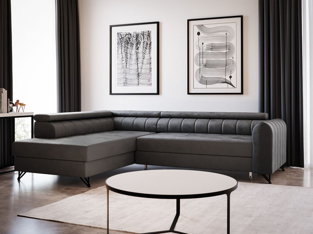 Ecksofa Alice mit Schlaffunktion und Bettkasten, Wohnlandschaft mit einstellbare Kopfstützen, Couch, Sofa, Bettsofa, Schlafsofa (Graphit (Kronos 2...