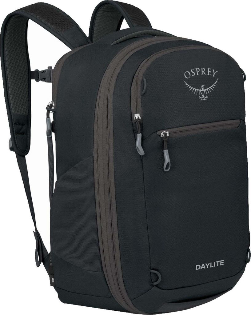 A black Osprey Daylite Expandable Travel Pack 26+6 backpack is shown from the front against a white background.