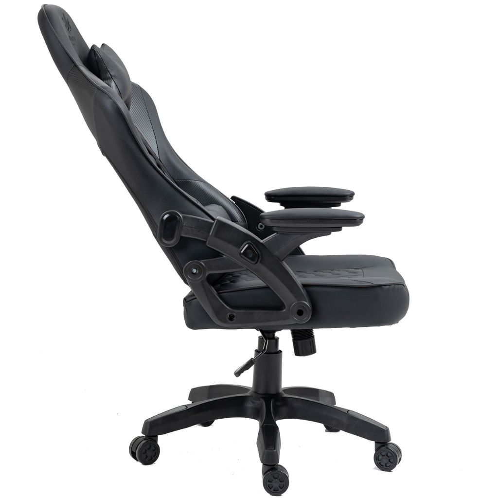 A side view of a black gaming chair on a white background.