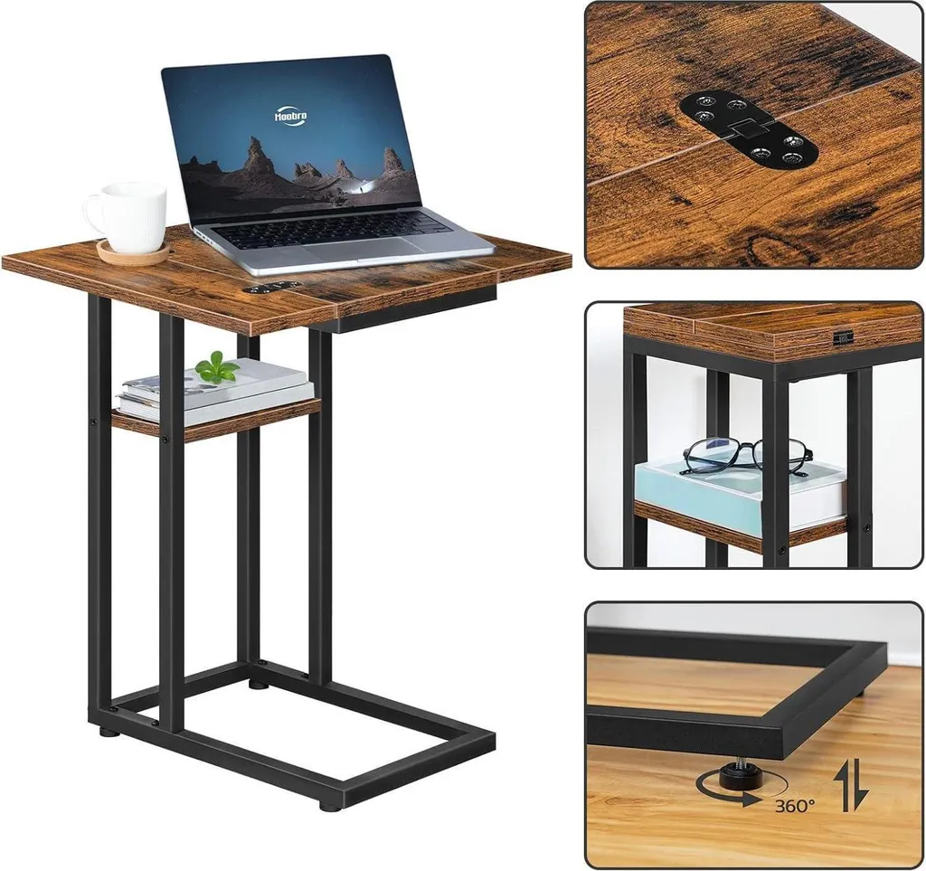 Bout de canapé pliant Table d'appoint en C avec étagère de rangement bois