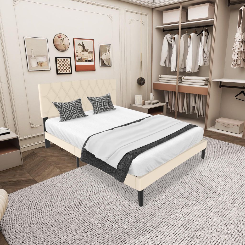 TRMLBE Bettgestell 140x200 cm Gästebett Metallbett mit Leder Kopfteil & 12 Lattenrost & Schwamm Einfassung Modern Bettrahmen Maximale Tragfähigke...