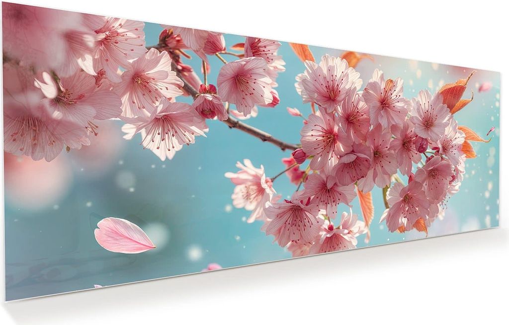 Glasbild 100x40cm in XXL für Wohnzimmer, Schlafzimmer Motiv Kirschblüte Himmel