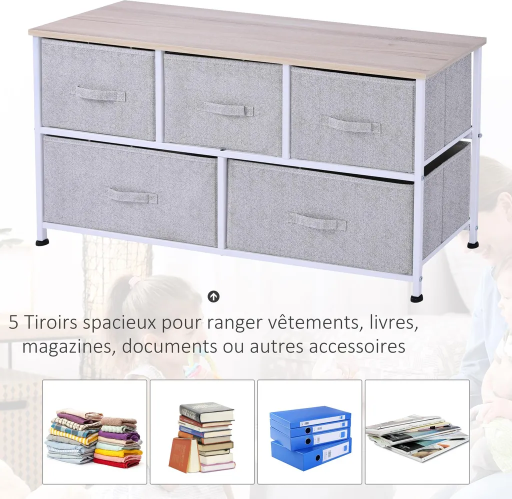 HOMCOM Commode de Rangement 5 Tiroirs 100x30x54cm Acier Blanc et Gris
