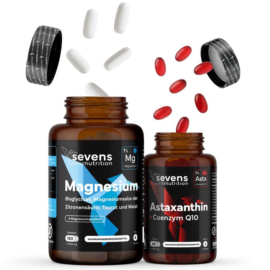 Magnesium Komplex 4 in 1 180 Tabletten + Astaxanthin 8 mg 60 Softgel Kapseln mit Q10 – Set – Sevens Nutrition