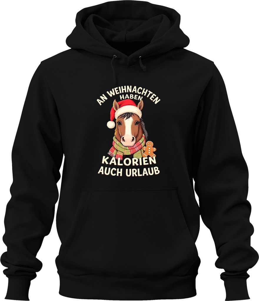 Weihnachten Kalorien auch Urlaub Pferd lustig Geschenk Reiter Uni Hoodie Kapuzenpullover, Schwarz, M