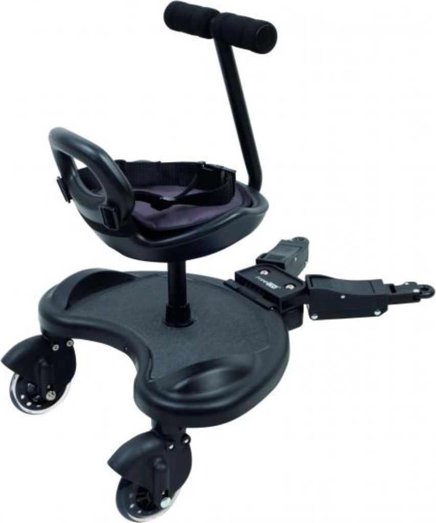 A black stroller board with a seat and handle, shown against a white background.