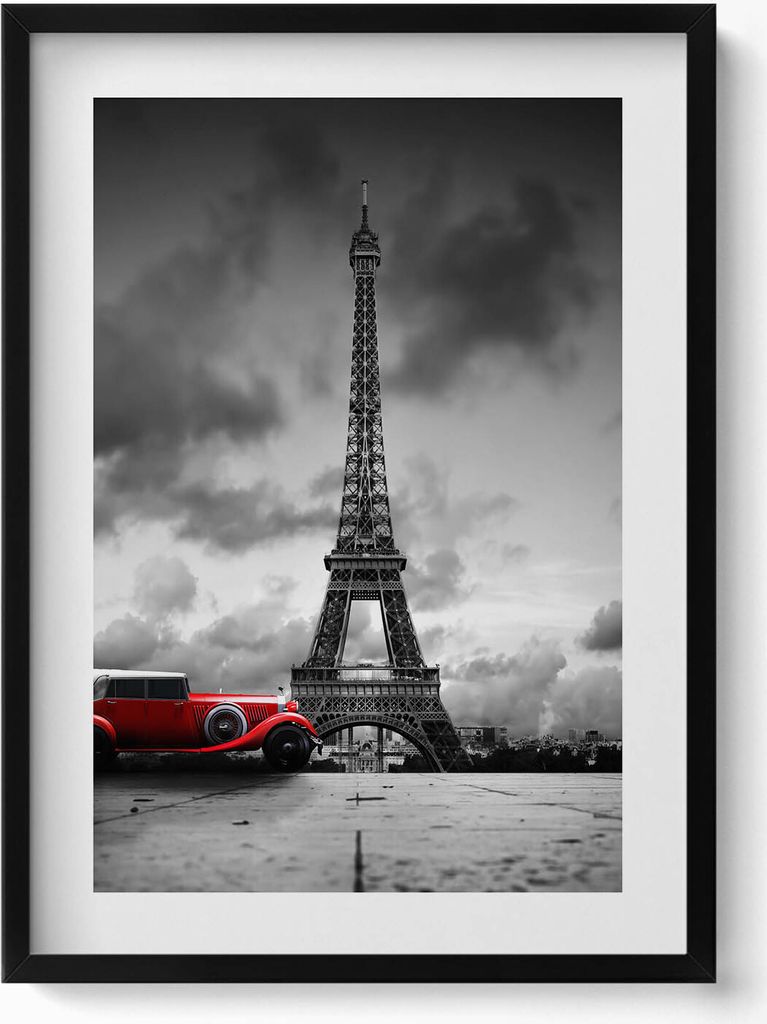 Eiffelturm und rotes Auto– Wandbild mit Rahmen – Gerahmtes Bild – Wanddekoration – 50x70 cm – Schwarz Rahmen