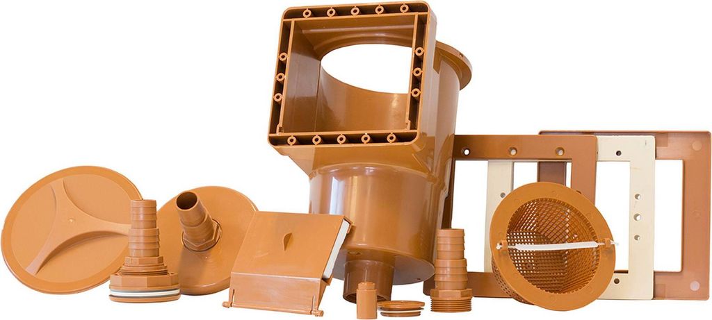 A collection of pool skimmer parts and an inlet nozzle, all in brown plastic, arranged on a white background.