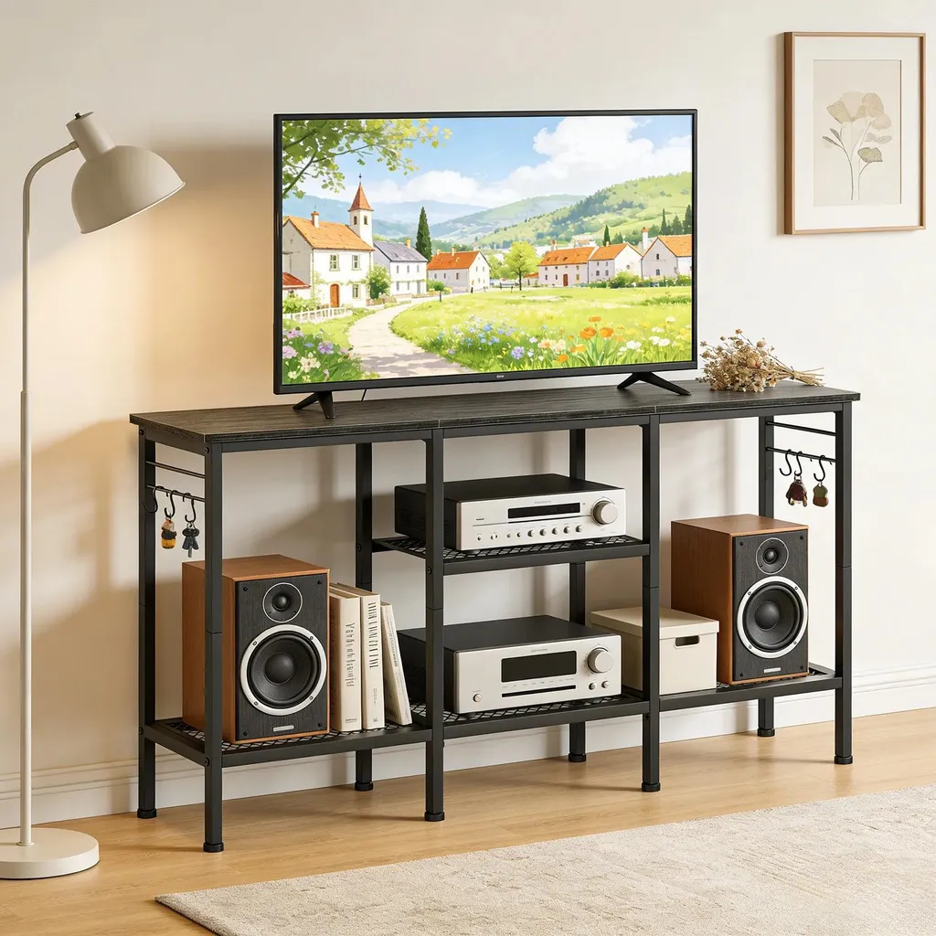 Meuble TV avec support barre de son intégré et structure métallique robuste