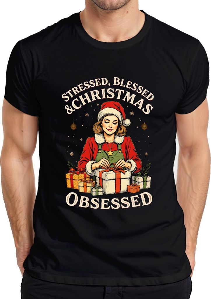 Stressed Blessed Christmas Obsessed Weihnachten Geschenk Vintage Herren T-Shirt, Schwarz, L
