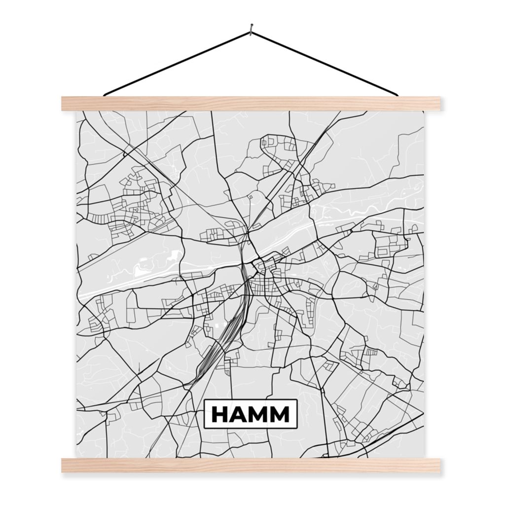 MuchoWow Textilposter Karte - Hamm - Stadtplan - Deutschland 120x120 cm mit holzfarbenen Rahmen - Textil-Poster