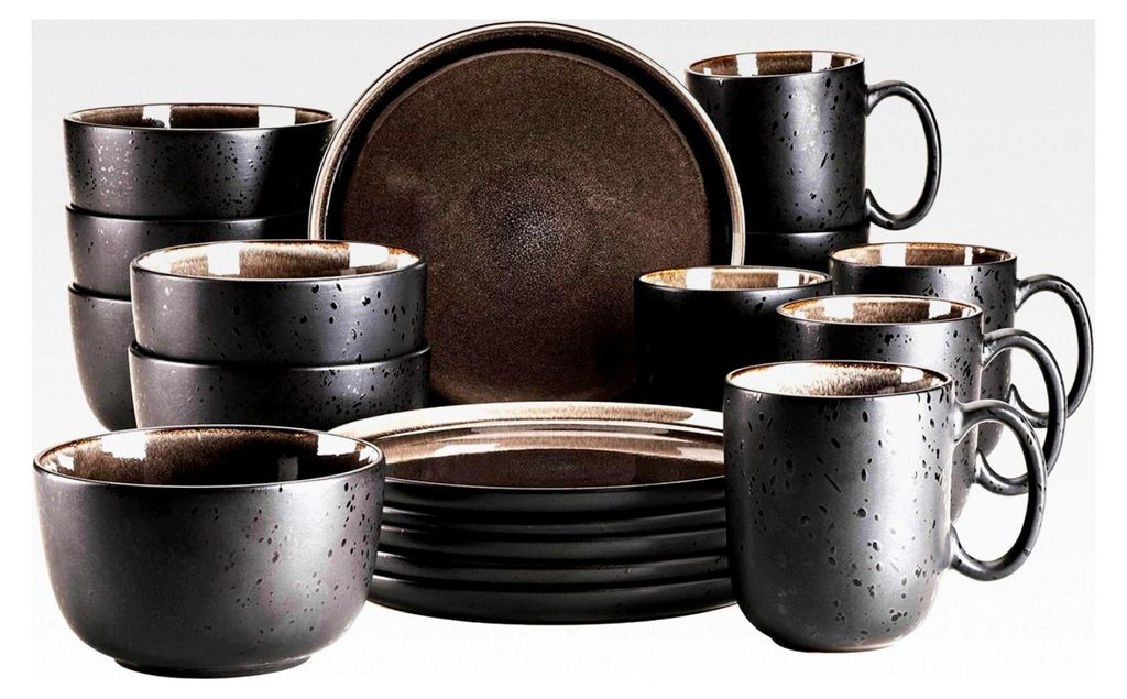 Niara Serie, Modernes Geschirrset für 6 Personen im Vintage-Look, 18-teiliges Frühstücksgeschirr aus Keramik in Grau und Schwarz