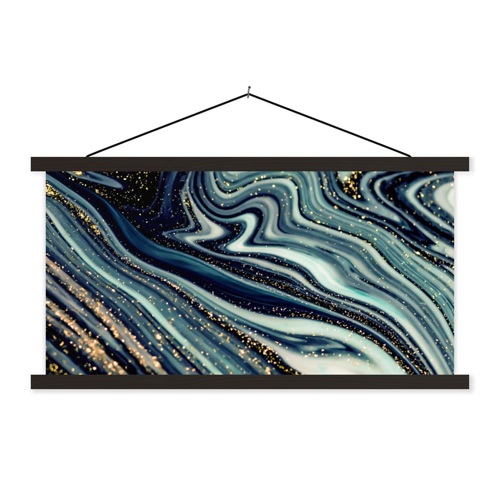 MuchoWow Textilposter Marmor - Gold - Blau - Glitter - Marmoroptik - Abstrakt 90x45 cm mit schwarzem Rahmen - Klemmleisten