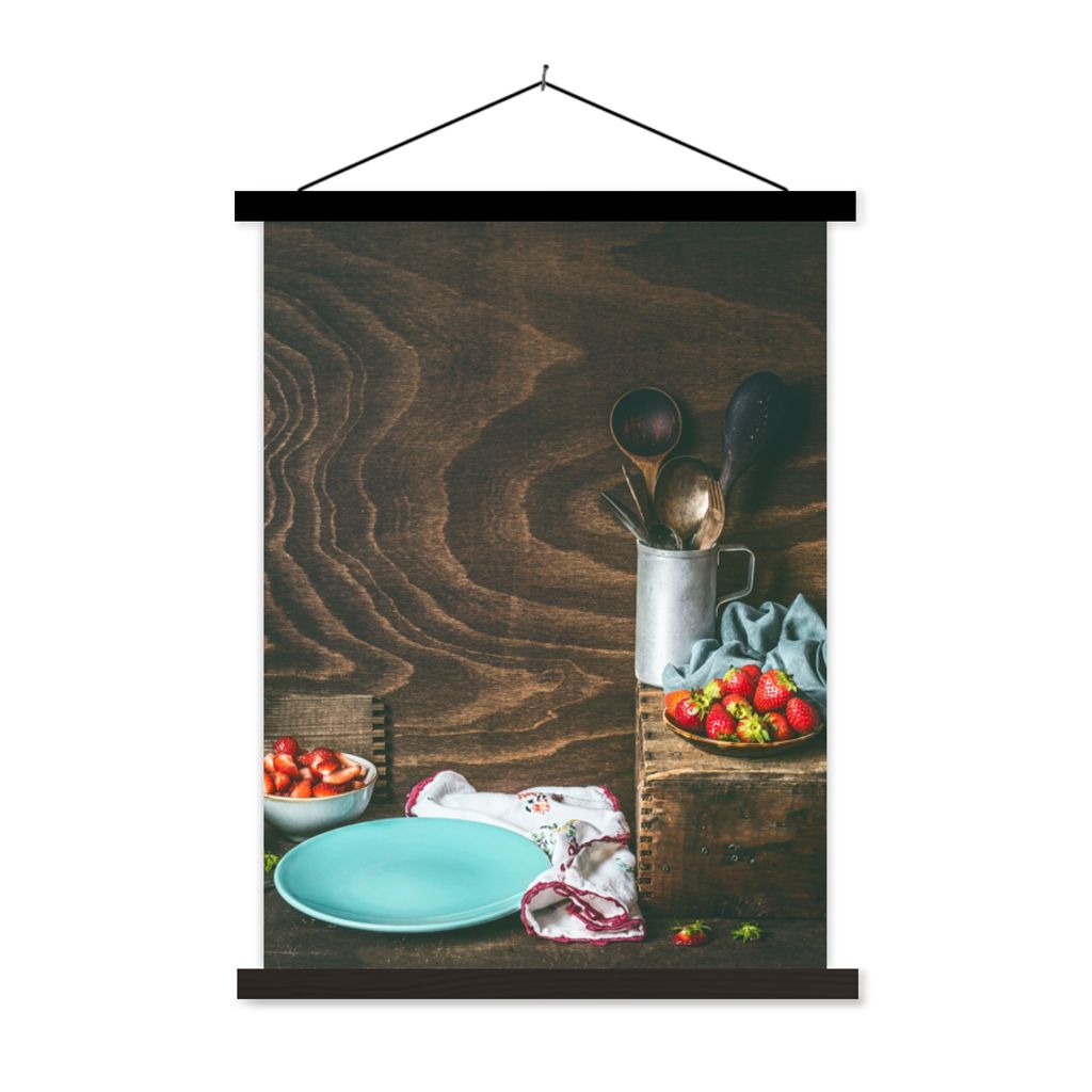 MuchoWow Textilposter Rustikal - Obst - Küchenutensilien - Erdbeere 60x80 cm mit schwarzem Rahmen - Plakathalter