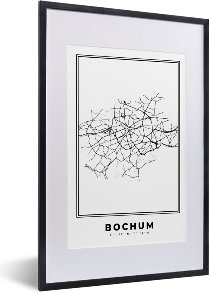 MuchoWow Gerahmtes Poster Deutschland - Bochum - Stadtplan - Karte - Schwarz-Weiß - Karte 40x60 cm - Poster mit Schwarzem Bilderrahmen Wandposte...