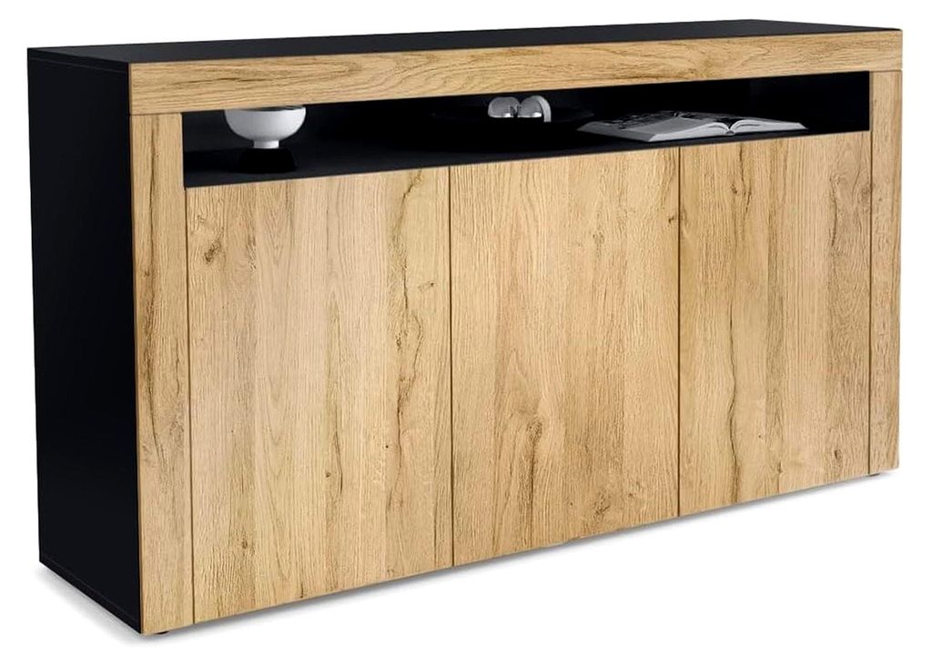 Sideboard Valencia, Kommode mit 3 Türen und 1 offenem Fach, Schwarz matt/Eiche Natur (155 x 92 x 40 cm)