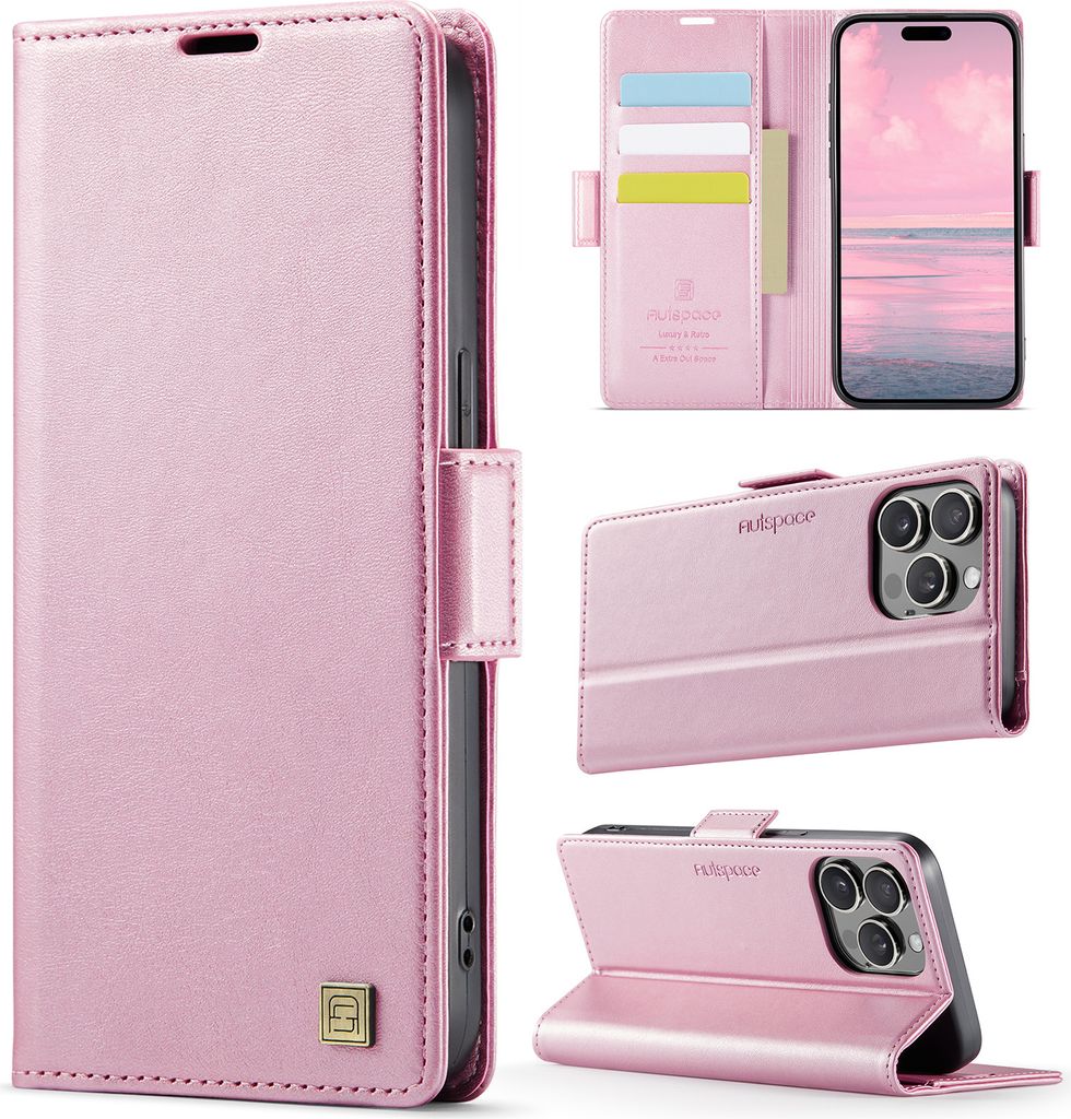Lederhülle für iPhone 15 Pro Max, RFID Schutz Handyhülle mit Magnetverschluss, Kartenfächern und Ständer Pink