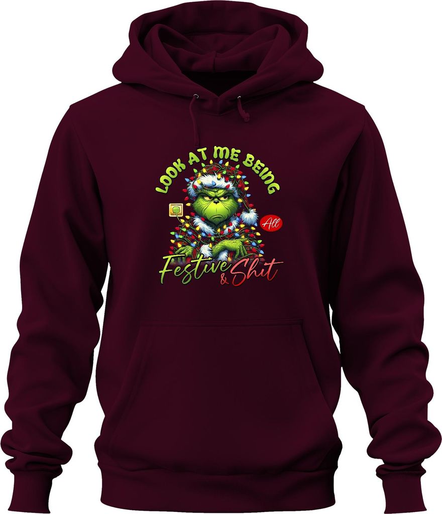 Grinch Look At Me Being Festive Weihnachten lustig Geschenk Uni Hoodie Kapuzenpullover, Burgundy, S