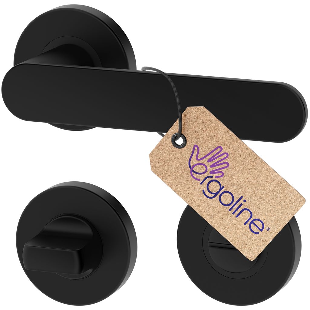 A black door handle set with a tag attached.