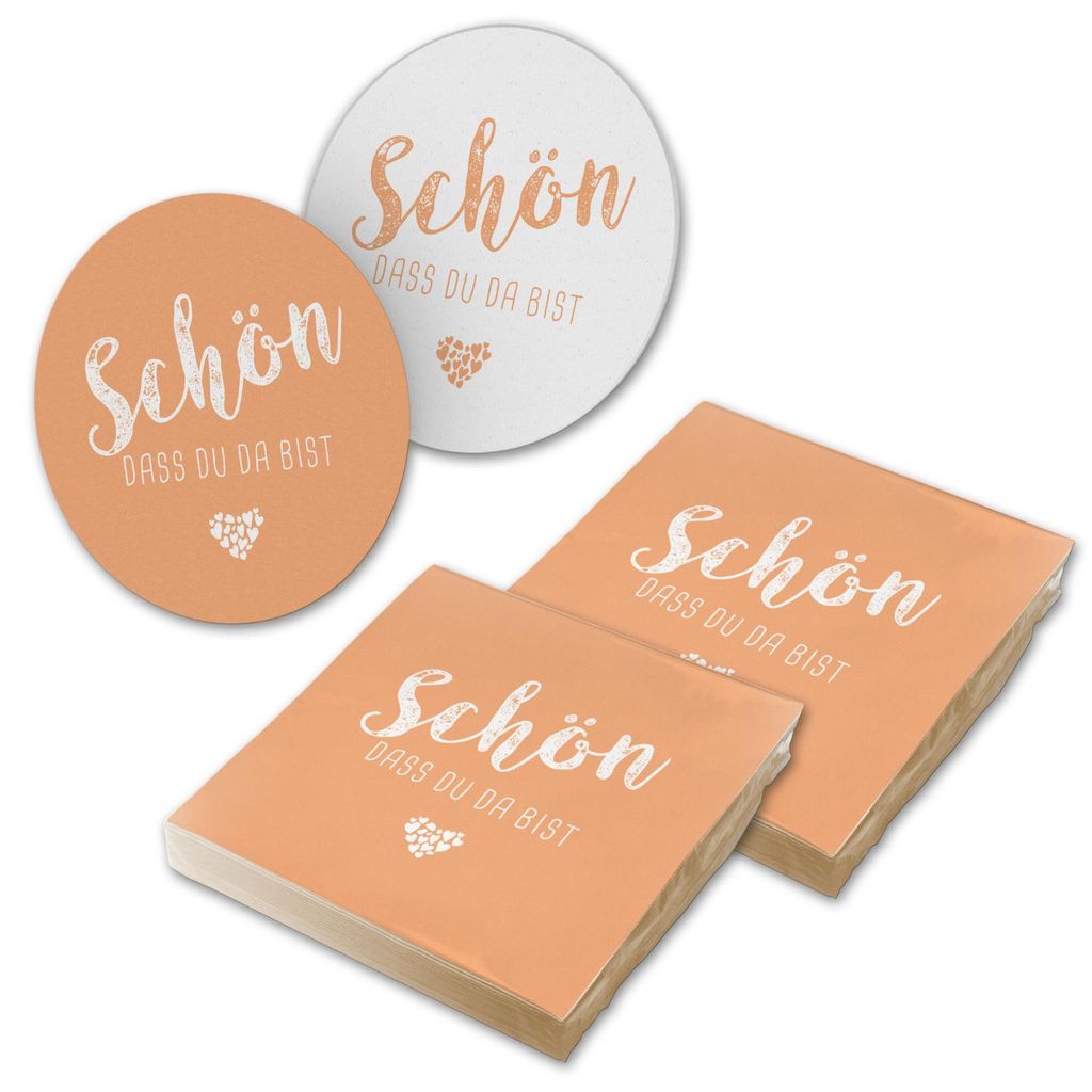 itenga 40x Serviette Schön dass du da bist apricot mit 40x Bierdeckel Set