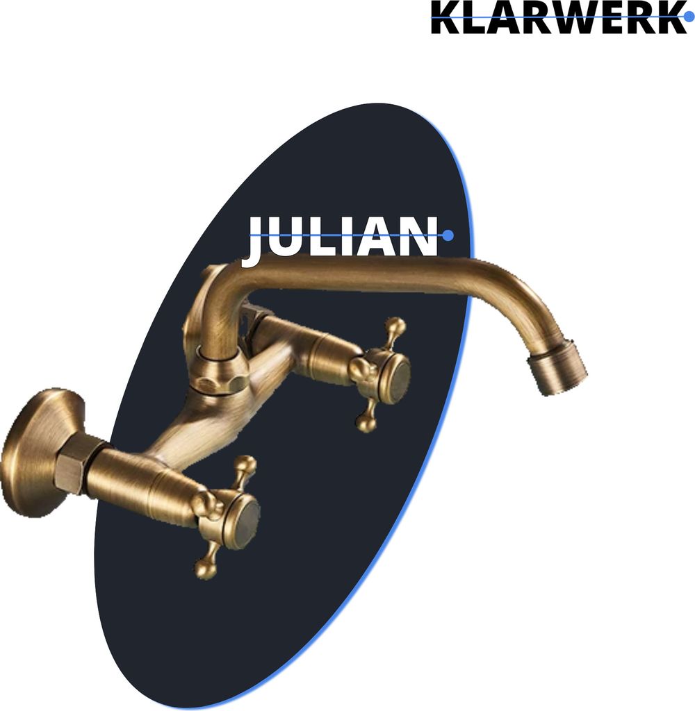JULIAN | Retro Mischbatterie Wandmontage Armatur Messing gebürstet | Küche Bad Vintage Wasserhahn Wand altmodisch Edelstahl - Gastronomie 360° d...