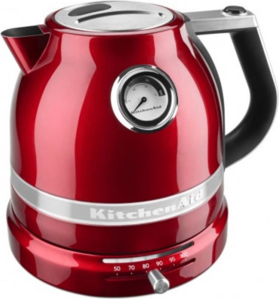 A red KitchenAid electric kettle with a temperature gauge is shown against a white background.