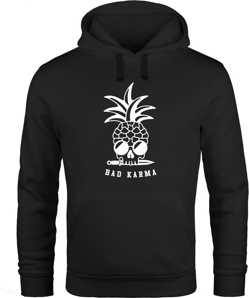 Hoodie Herren Totenkopf Ananas Schriftzug Bad Karma Kapuzen-Pullover Männer Fashion Streetstyle Neverless schwarz XXL