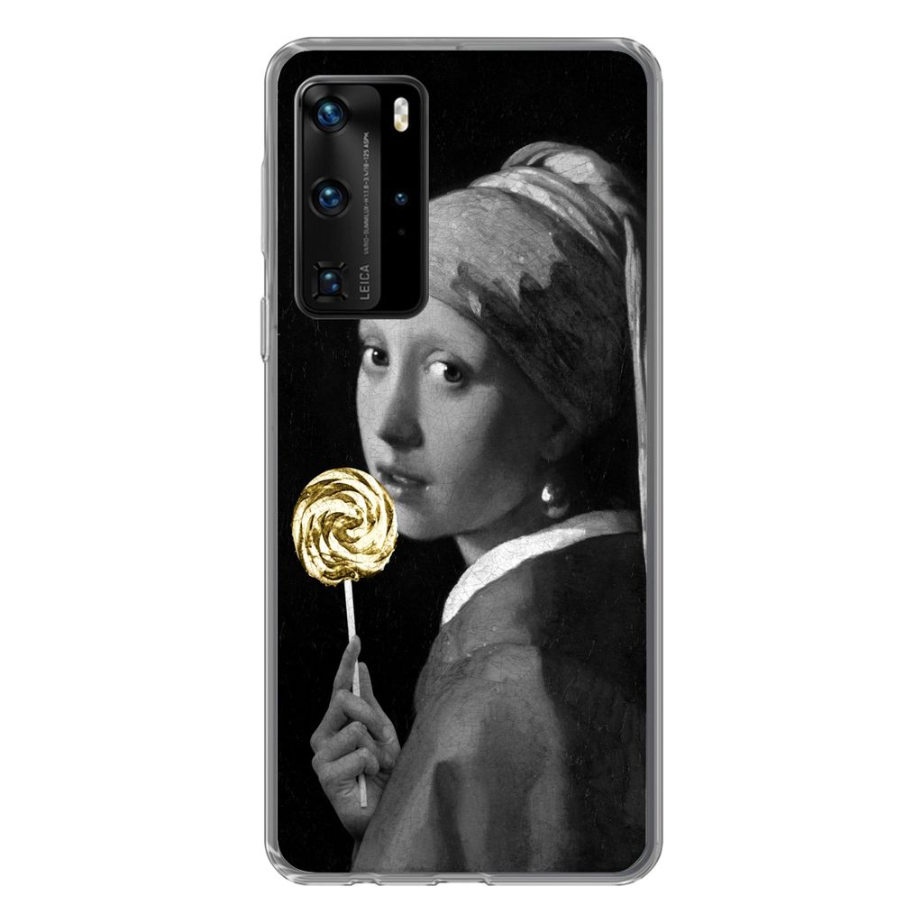 MuchoWow Handyhülle Schutzhülle Hülle für Huawei P40 Pro Mädchen mit Perlenohrring - Lollipop - Schwarz und Gold Silikon Softcase Handy Hül...