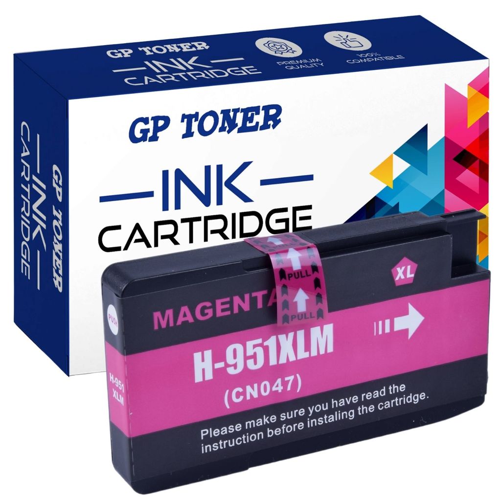 A magenta ink cartridge and its packaging are shown against a white background.