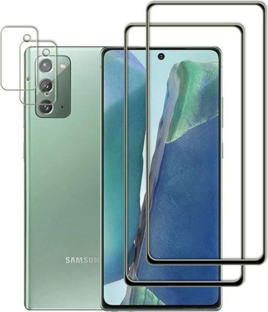 A green Samsung Galaxy Note 20 phone is shown with screen protectors laid out in front of it.