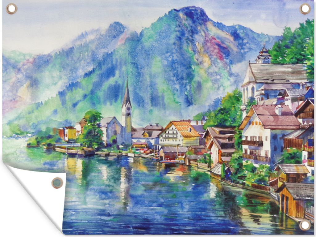 MuchoWow 40x30 cm Outdoor-Poster Gartendeko Sichtschutz Garten Poster für den Garten Gemälde - Ölfarbe - Haus - Berge - Wasser