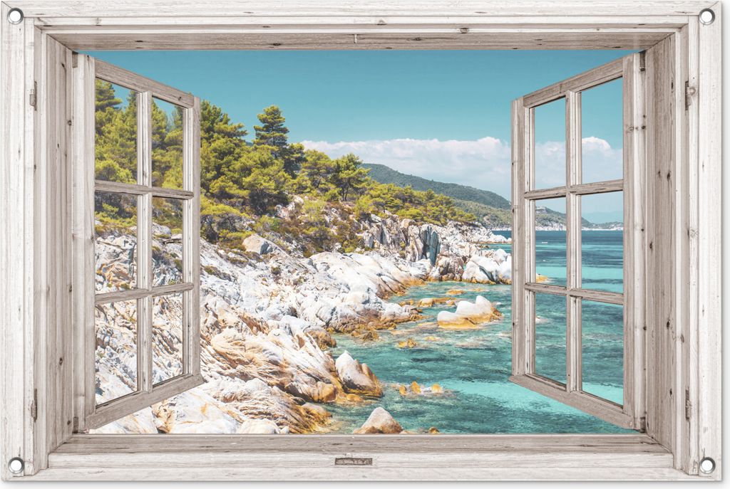 MuchoWow 90x60 cm Outdoor-Poster Gartendeko Sichtschutz Garten Poster für den Garten Aussicht - Baum - Meer